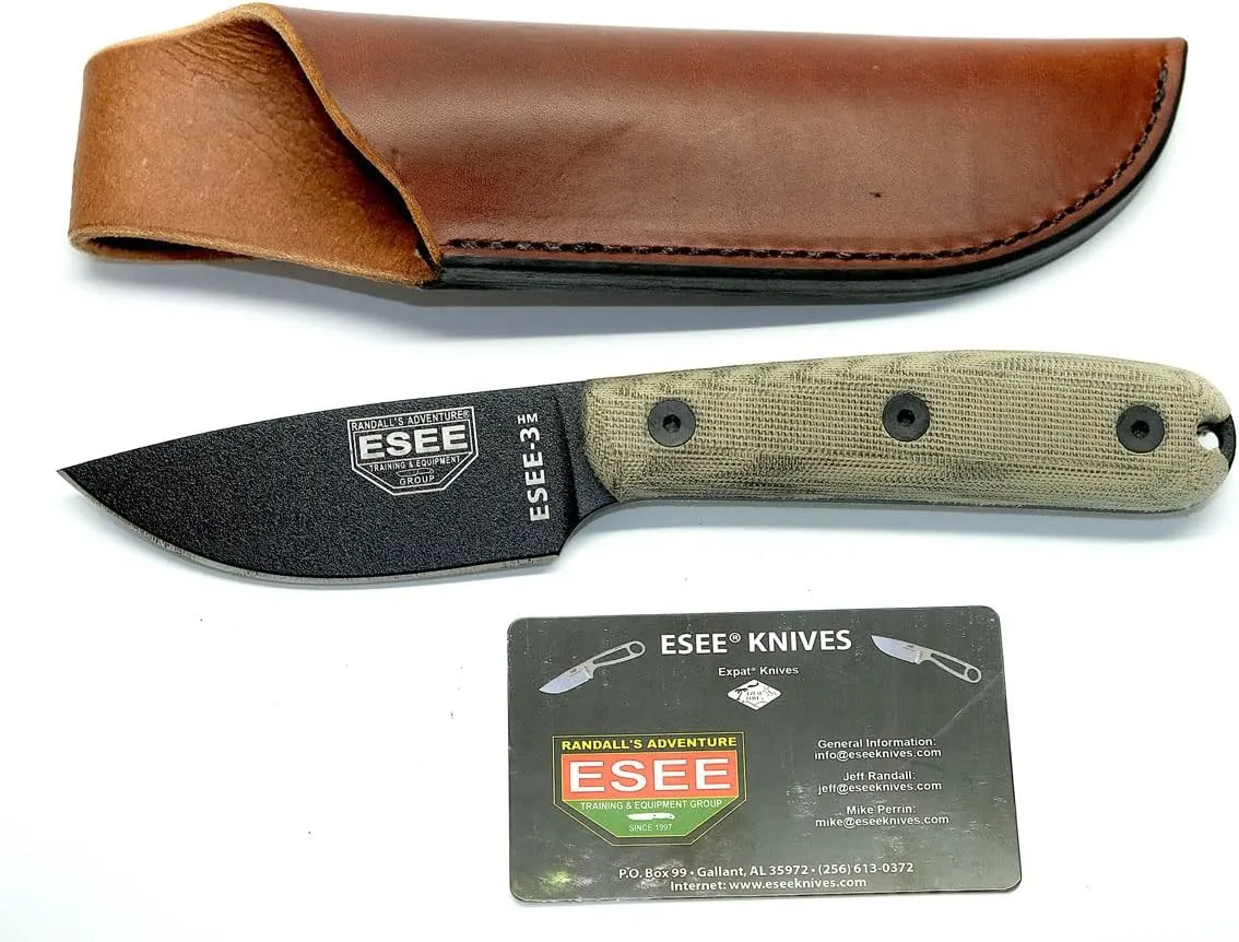 ESEE 3HM Fixed Blade Survival Knife with Black Powder Coated 1095 Steel Blade and Grey Micarta Handle, Leather Sheath