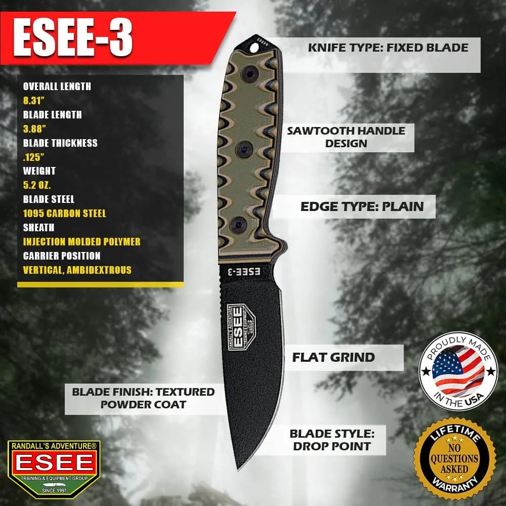 ESEE 3P Survival Fixed Blade Knife, OEM Sawtooth Handle Design