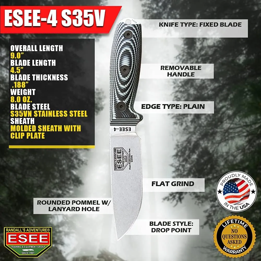 ESEE-4 Fixed Blade Knife, S35V Steel, Ambidextrous Sheath, Made in USA (Grey/Black)