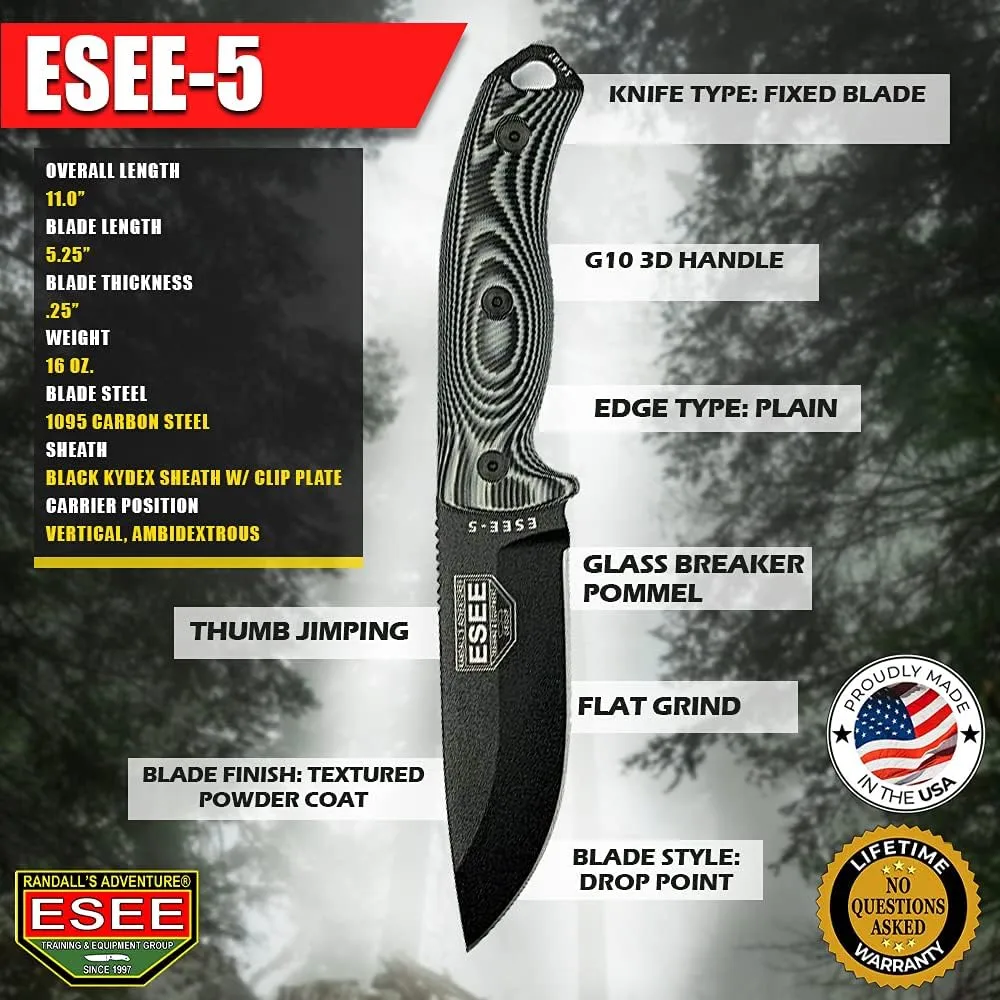 ESEE-5 Fixed Blade Knife, 3D Contoured Handle, 1095 Carbon Steel, Ambidextrous Kydex Sheath, Made in USA
