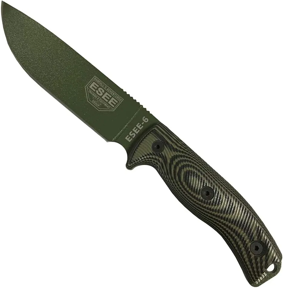 ESEE-6 Fixed Blade Knife, 3D Contoured Handle, 1095 Carbon Steel, Ambidextrous Polymer Sheath, Made in USA