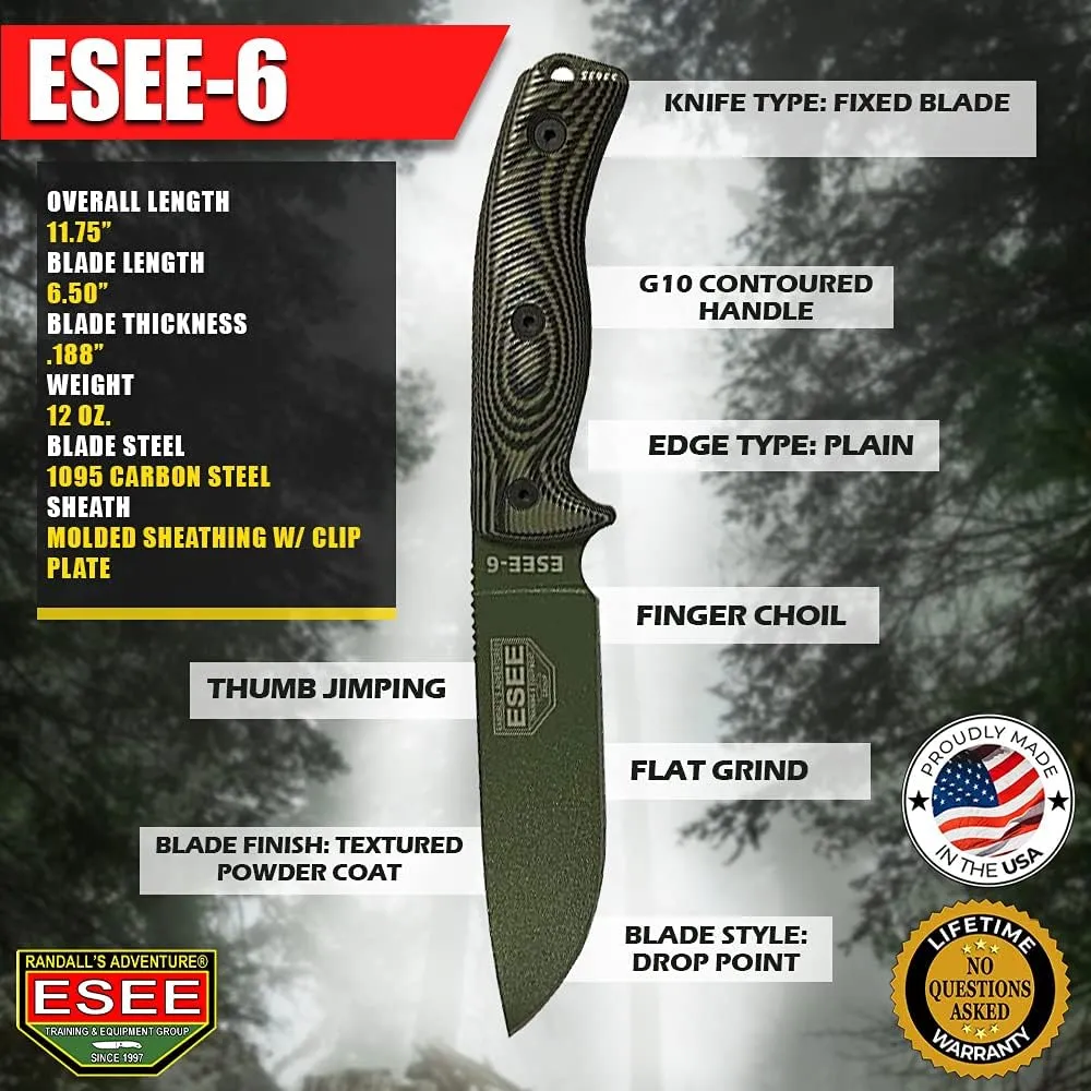 ESEE-6 Fixed Blade Knife, 3D Contoured Handle, 1095 Carbon Steel, Ambidextrous Polymer Sheath, Made in USA