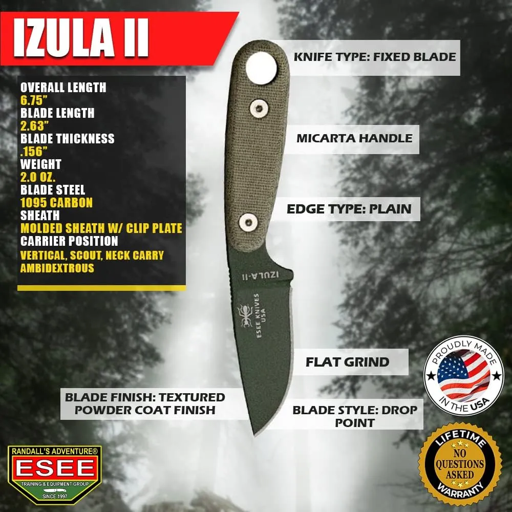 ESEE Knives Izula-II Fixed Blade Knife, Micarta Handle, Molded Sheath, Clip Plate (OD Green)
