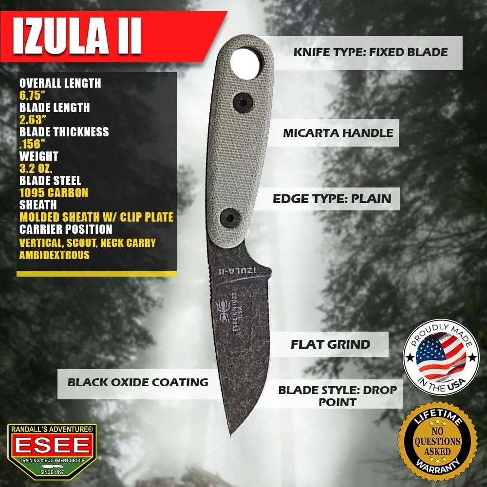 ESEE Knives Izula-II Fixed Blade Knife, w/Micarta Handle, Molded Sheath, & Clip Plate (Black Oxide)