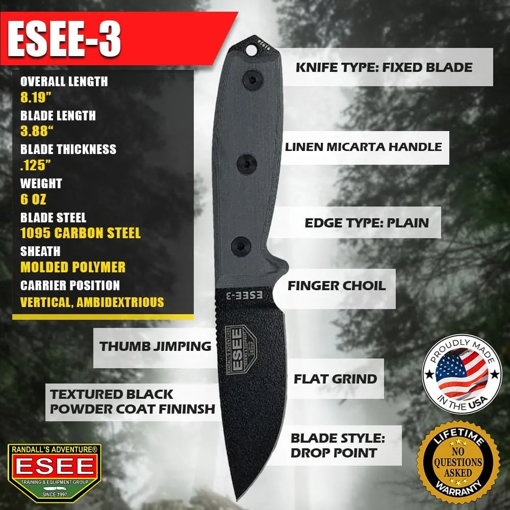 ESEE Knives Model 3P-B Fixed Blade Knife, Black Molded Polymer Sheath, Ambidextrous Belt Clip Plate