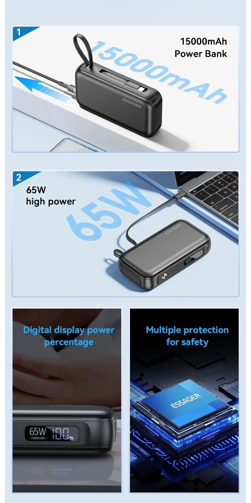 ESSAGER 65W 15000mAh Quick Charging Portable Power Bank
