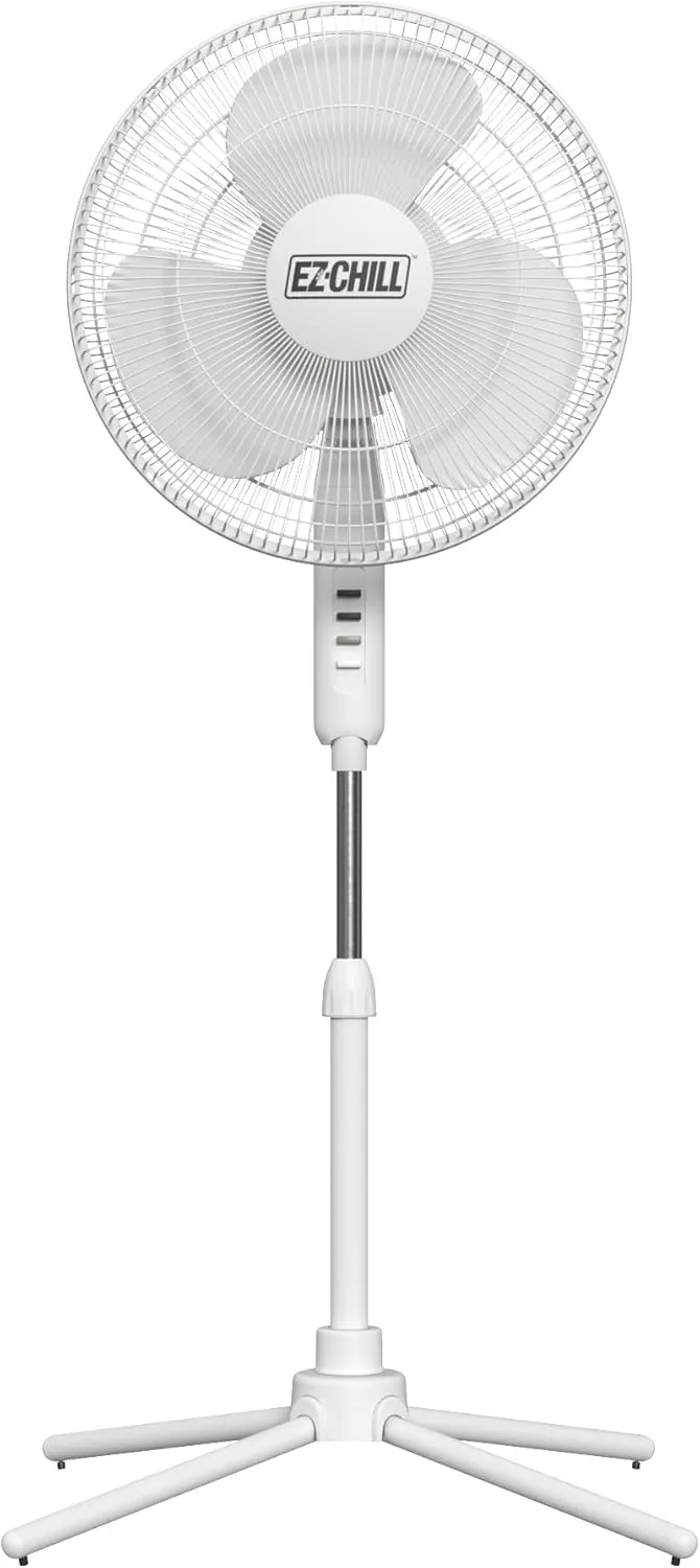 EZ-CHILL 16” Oscillating Pedestal Fan, 3-speed Options, 90-Degree Oscillating Head, Adjustable Height and Tilt, Powerful Air Flow, White, MTSP15-16AZ