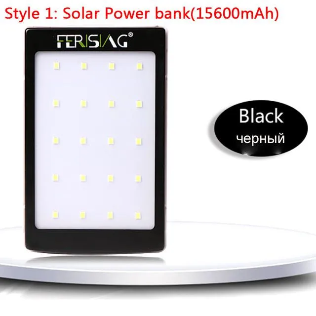 FERISING Power Bank Solar Panel 15600mAhPowerbank Dual USB Battery Portable LED Light Charger External Battery Pack