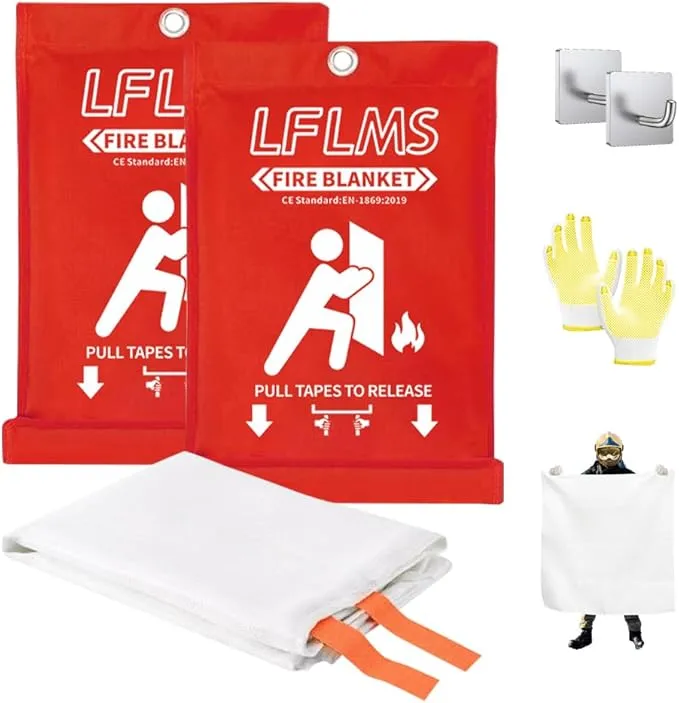 Fire Blankets Emergency for Home, 2 Pack Fire Suppression Blanket, 40” x 40” Fire Blanket for Kitchen, Fireproof Fiberglass Fire Safety Blanket for Office, School, Camping, Grill, Car, Warehouse