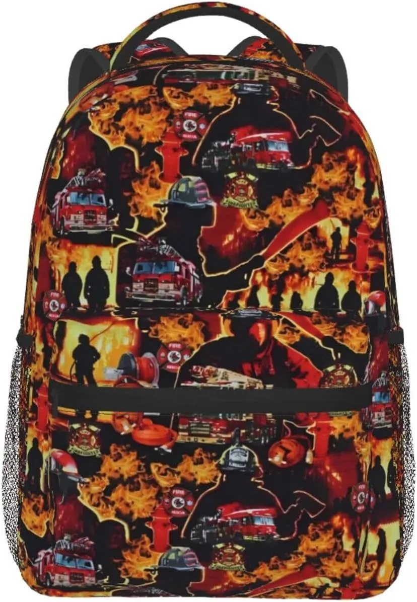 Firefighters Firemen Badges Fire Trucks Flames Backpack Lightweight Laptop Backpack Casual Daypack Travel Double Shoulder Bag For Women Men