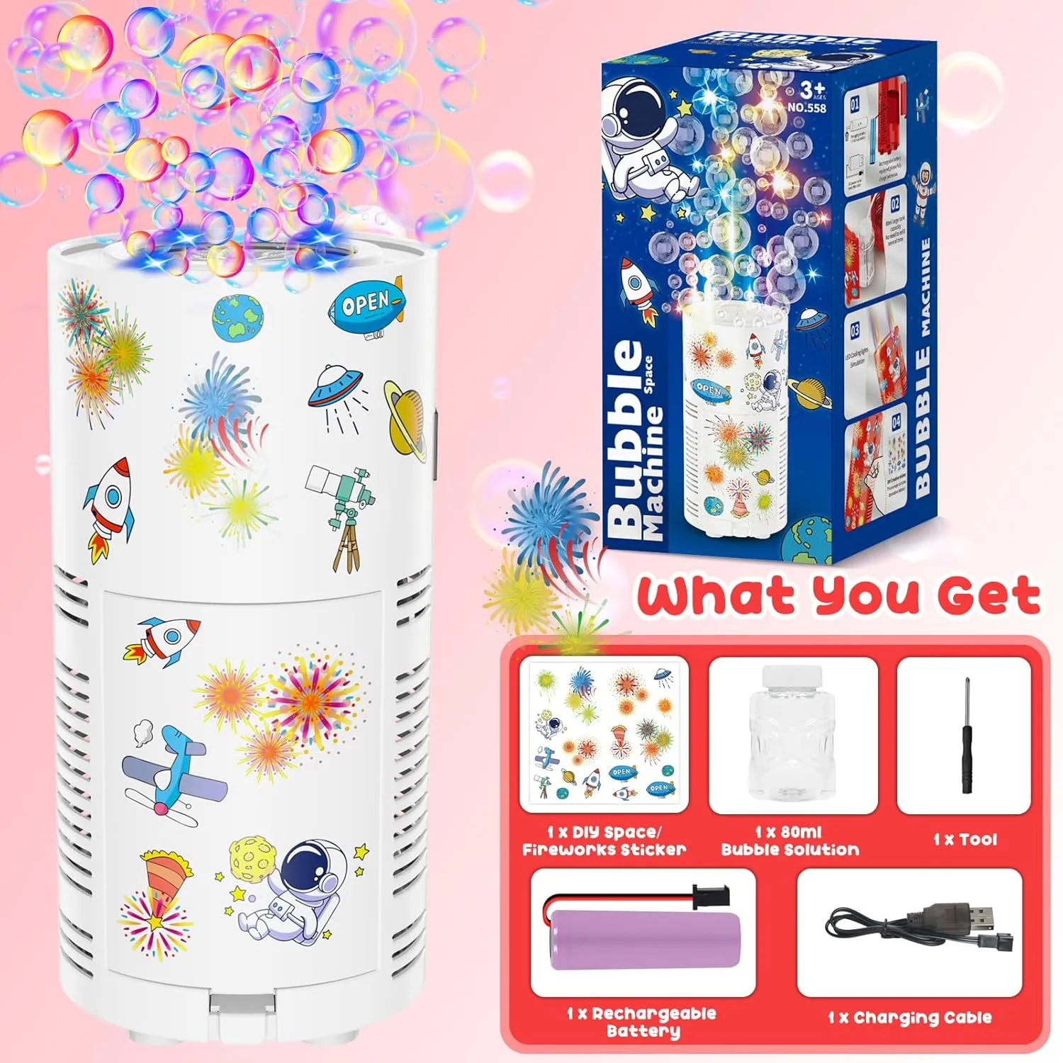 Fireworks Bubble Machine, Kids Automatic Bubble Blower with Lights/Battery/DIY Sticker/80ml Solution, 10000  Bubbles per Minute Electric Bubble Machine Making Toys for Outdoor Party Wedding