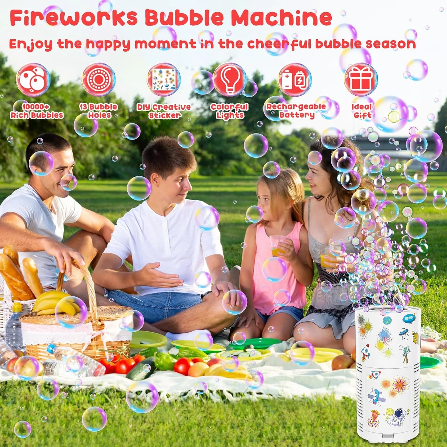 Fireworks Bubble Machine, Kids Automatic Bubble Blower with Lights/Battery/DIY Sticker/80ml Solution, 10000  Bubbles per Minute Electric Bubble Machine Making Toys for Outdoor Party Wedding
