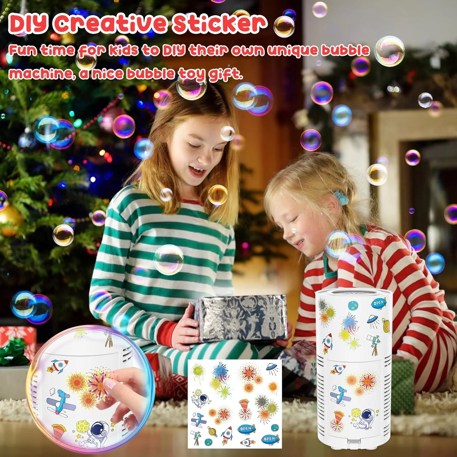 Fireworks Bubble Machine, Kids Automatic Bubble Blower with Lights/Battery/DIY Sticker/80ml Solution, 10000  Bubbles per Minute Electric Bubble Machine Making Toys for Outdoor Party Wedding