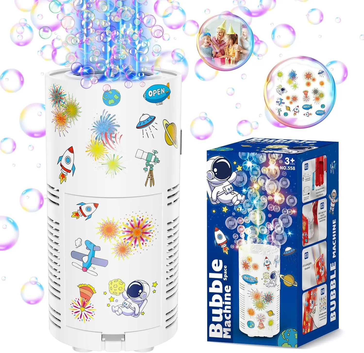 Fireworks Bubble Machine, Kids Automatic Bubble Blower with Lights/Battery/DIY Sticker/80ml Solution, 10000  Bubbles per Minute Electric Bubble Machine Making Toys for Outdoor Party Wedding