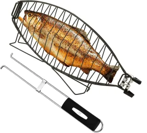 Fish Grilling Basket for Grill - Stainless Steel Basket, Non-Stick Fish Rack for Grilling with Adjustable Lock Removable Handle, Ideal for BBQ, Camping, Charcoal and Gas Grills