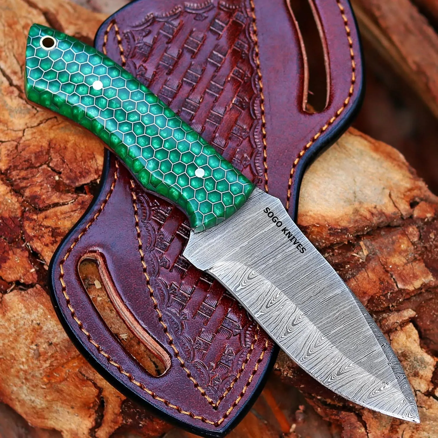 Fixed Blade Damascus Steel Hunting Knife, 9'' Full Tang with Leather Sheath, Non-Slip Wooden Handle, Camping Knife (GREEN)