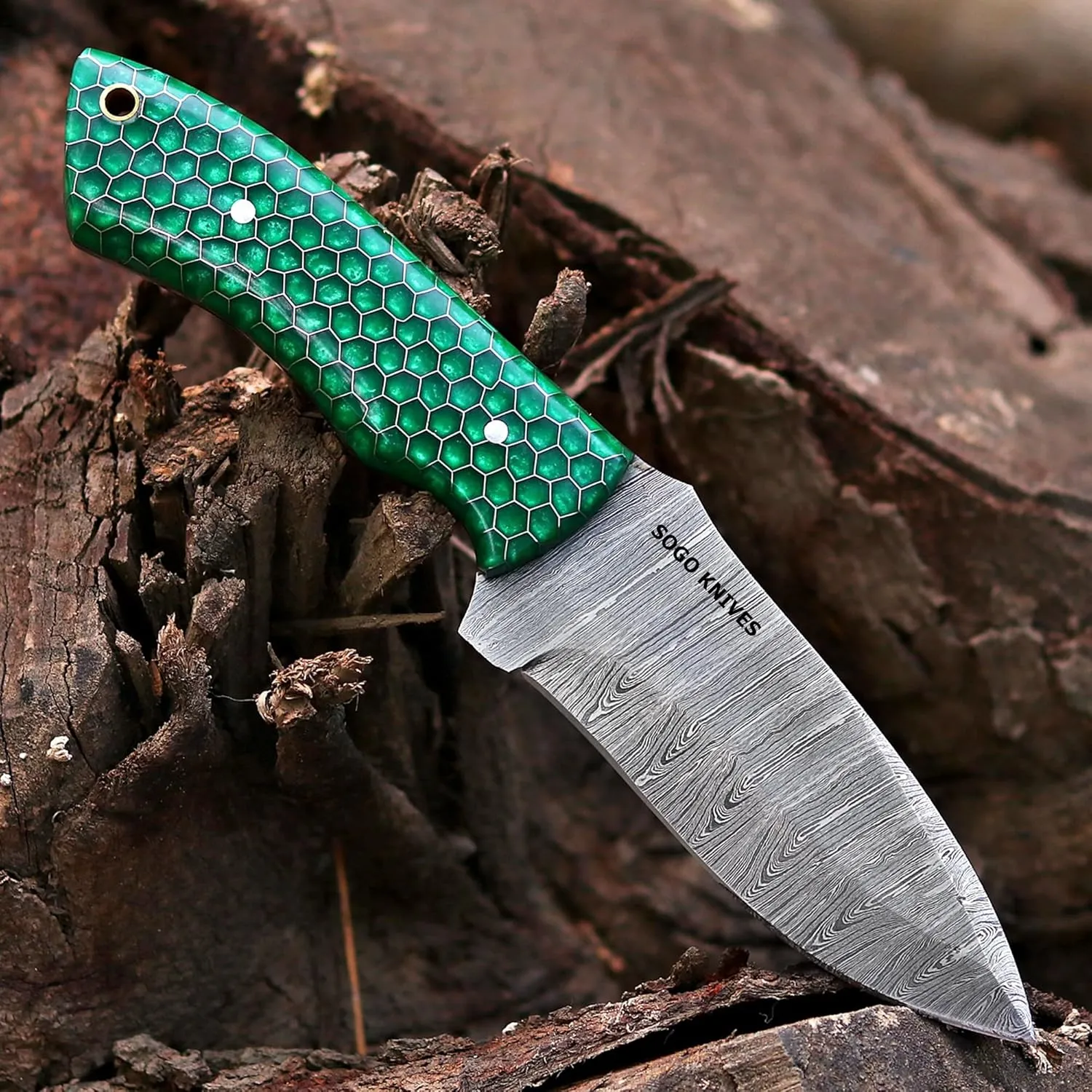 Fixed Blade Damascus Steel Hunting Knife, 9'' Full Tang with Leather Sheath, Non-Slip Wooden Handle, Camping Knife (GREEN)