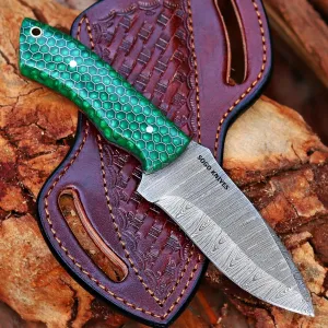 Fixed Blade Damascus Steel Hunting Knife, 9'' Full Tang with Leather Sheath, Non-Slip Wooden Handle, Camping Knife (GREEN)