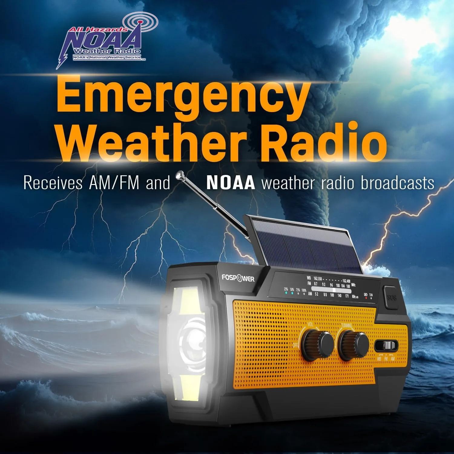 FosPower Emergency Weather Radio (Model A3) NOAA/AM/FM with 14800mWh Portable Power Bank, USB/Solar/Hand Crank Charging, Battery Operated, SOS Alarm & Flashlight for Indoor/Outdoor Emergencies