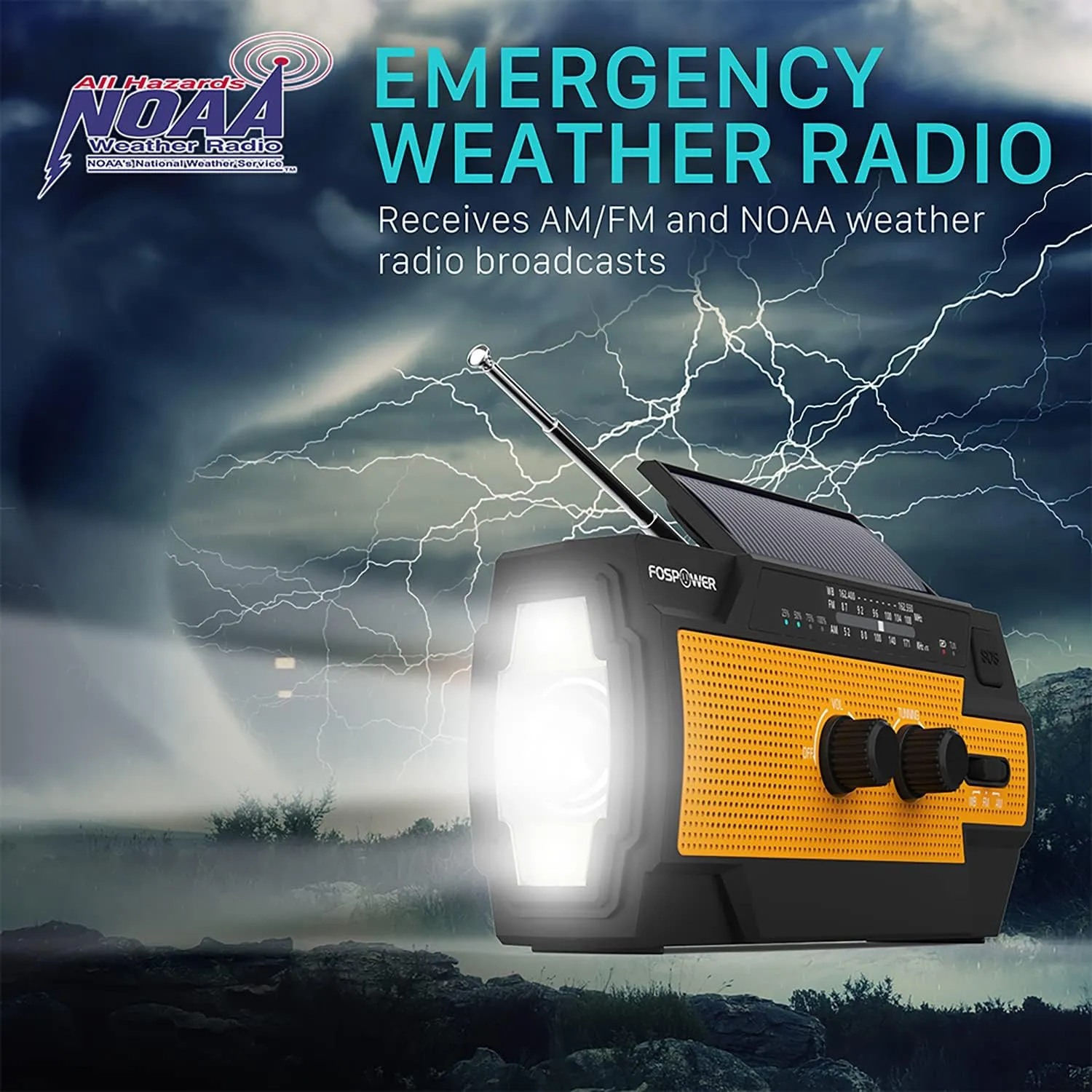 FosPower Emergency Weather Radio (Model A3) NOAA/AM/FM with 14800mWh Portable Power Bank, USB/Solar/Hand Crank Charging, Battery Operated, SOS Alarm & Flashlight for Indoor/Outdoor Emergencies