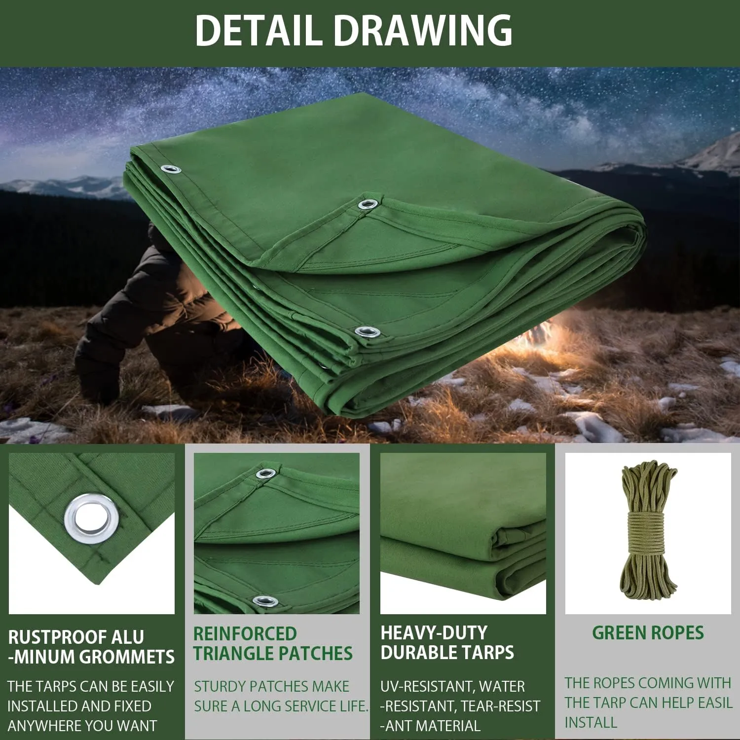 FoundGo Canvas Tarp 20x24ft Heavy Duty Waterresistant Tarps with Grommets, UV Resistant, 22 Mil Tarpaulin,14 oz Durable Cloth Covers for Car, Roof, Boat, Camp, Canopy, Woodpile with Ropes-Green