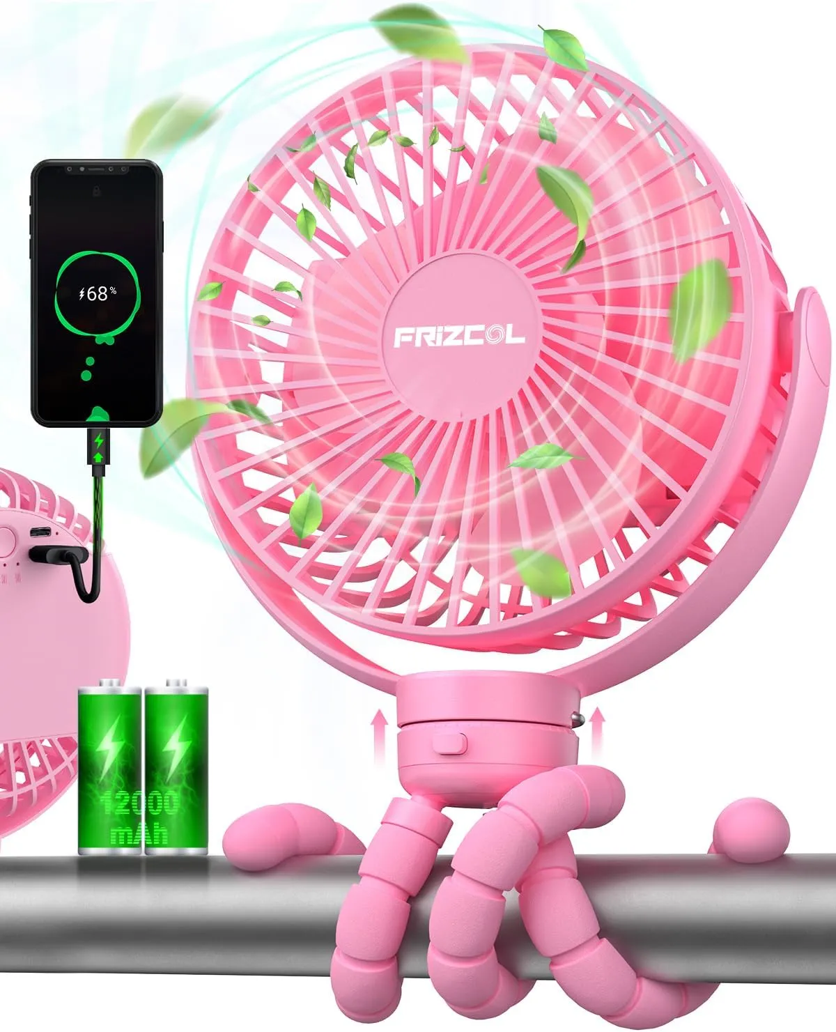 FRIZCOL 12000mAh Portable Stroller Fan, Use As Power Bank, 65H Battery Operated Fan Flexible Tripod Clip On Fans, Detachable Personal Handheld Baby Fans for Stroller, Car seat, Desk, Treadmill（Pink）