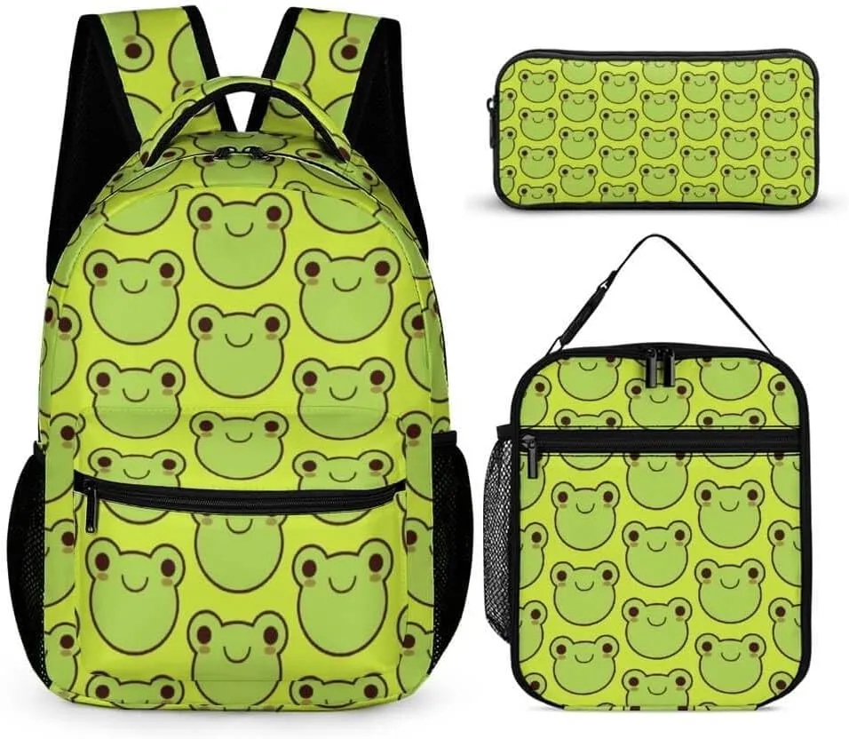 Frog Backpack with Lunch Box & Pencil Case for Kids Girls Boys School, 16 Inch Cute Frogs Bookbag, School Backpack for Students Children, Lightweight, Large Capacity