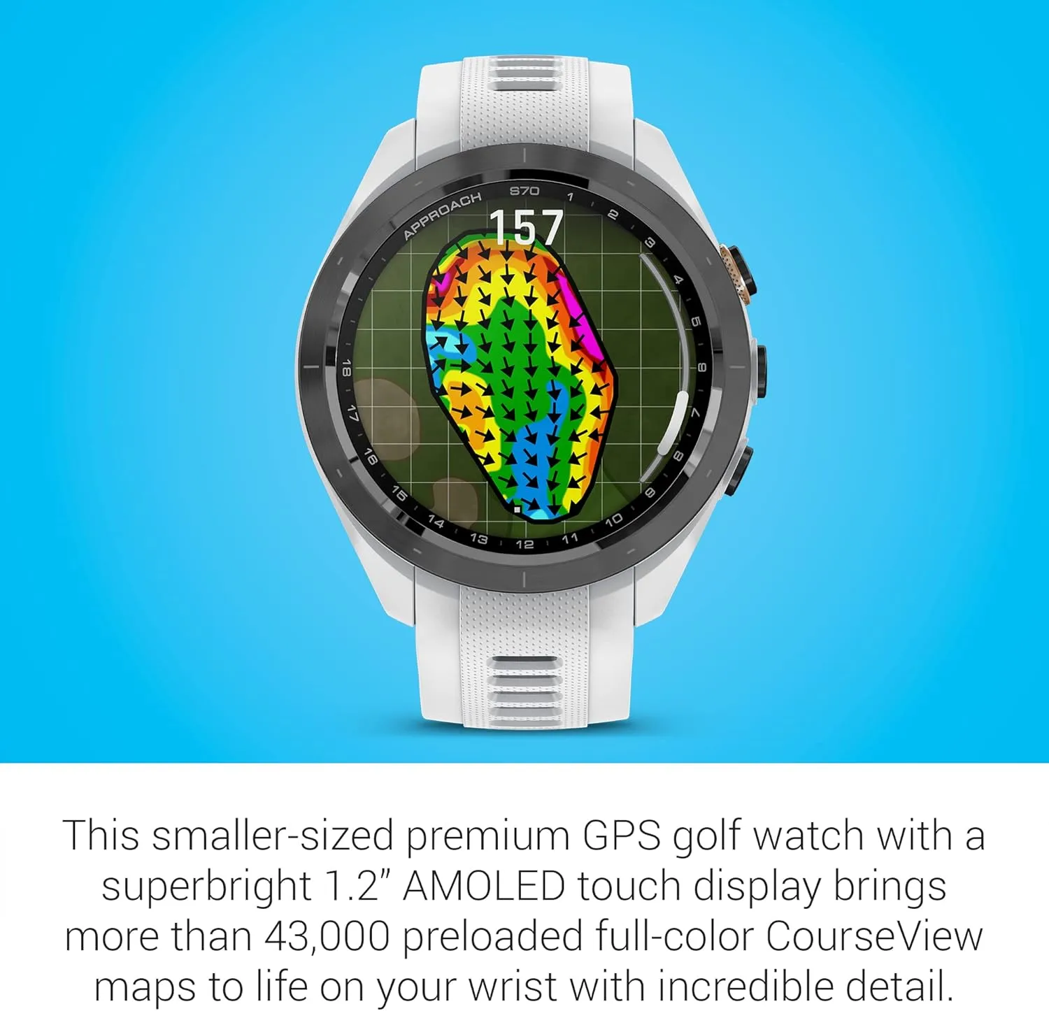 Garmin Approach S70 Golf Smartwatch | Full-Color CourseView Maps AMOLED Display | Advanced Shot Execution & Putt Alignment | Immersive Golfing Experience w/Signature Stand Power Bundle