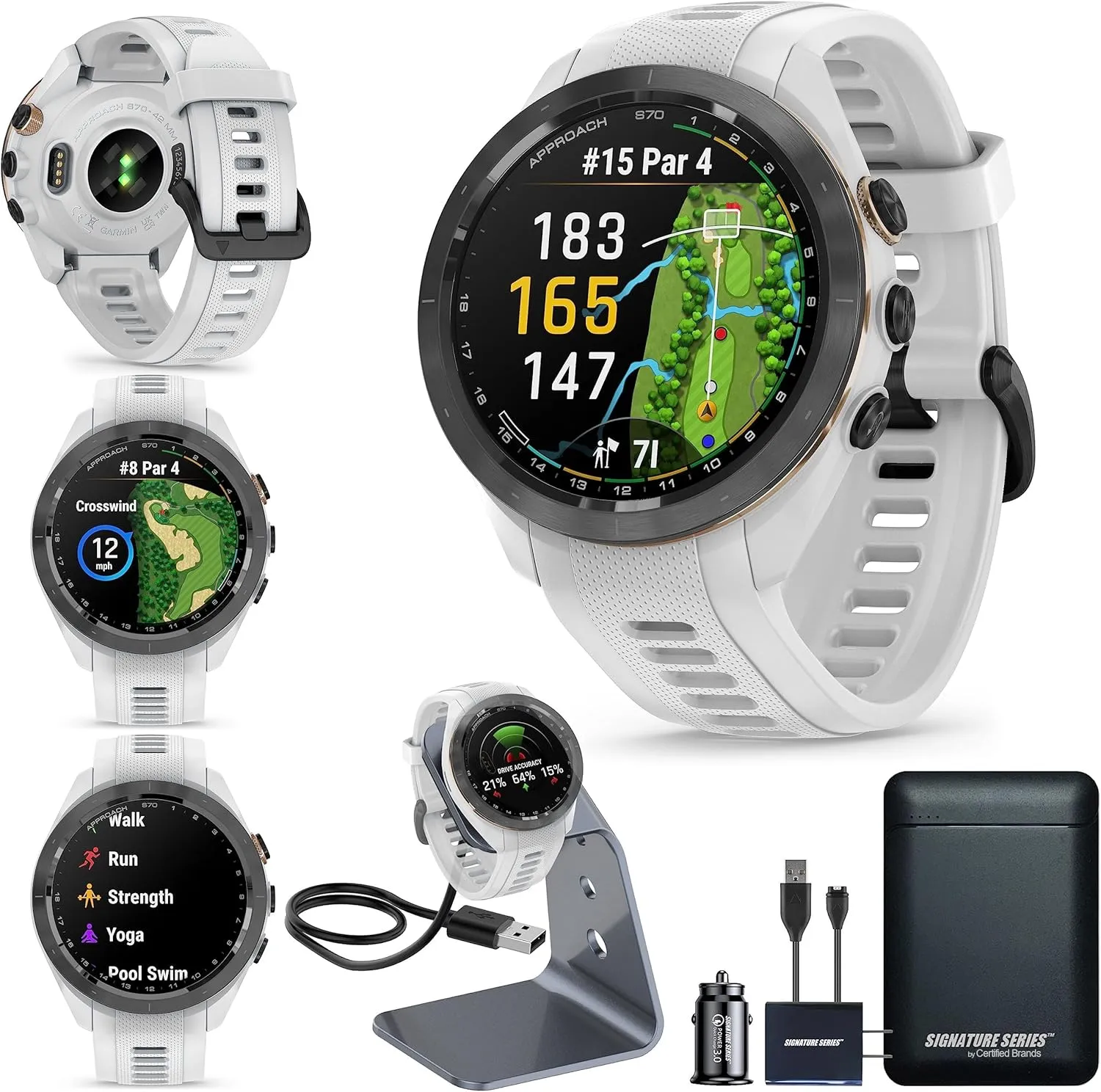 Garmin Approach S70 Golf Smartwatch | Full-Color CourseView Maps AMOLED Display | Advanced Shot Execution & Putt Alignment | Immersive Golfing Experience w/Signature Stand Power Bundle