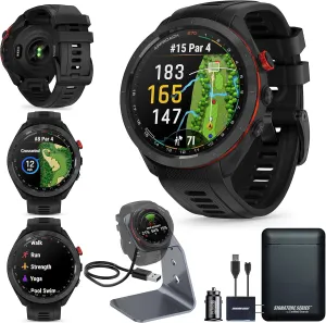 Garmin Approach S70 Golf Smartwatch, Full-Color CourseView Maps AMOLED Display, Advanced Shot Execution & Putt Alignment, Immersive Golfing Experience w/Signature Stand Power Bundle
