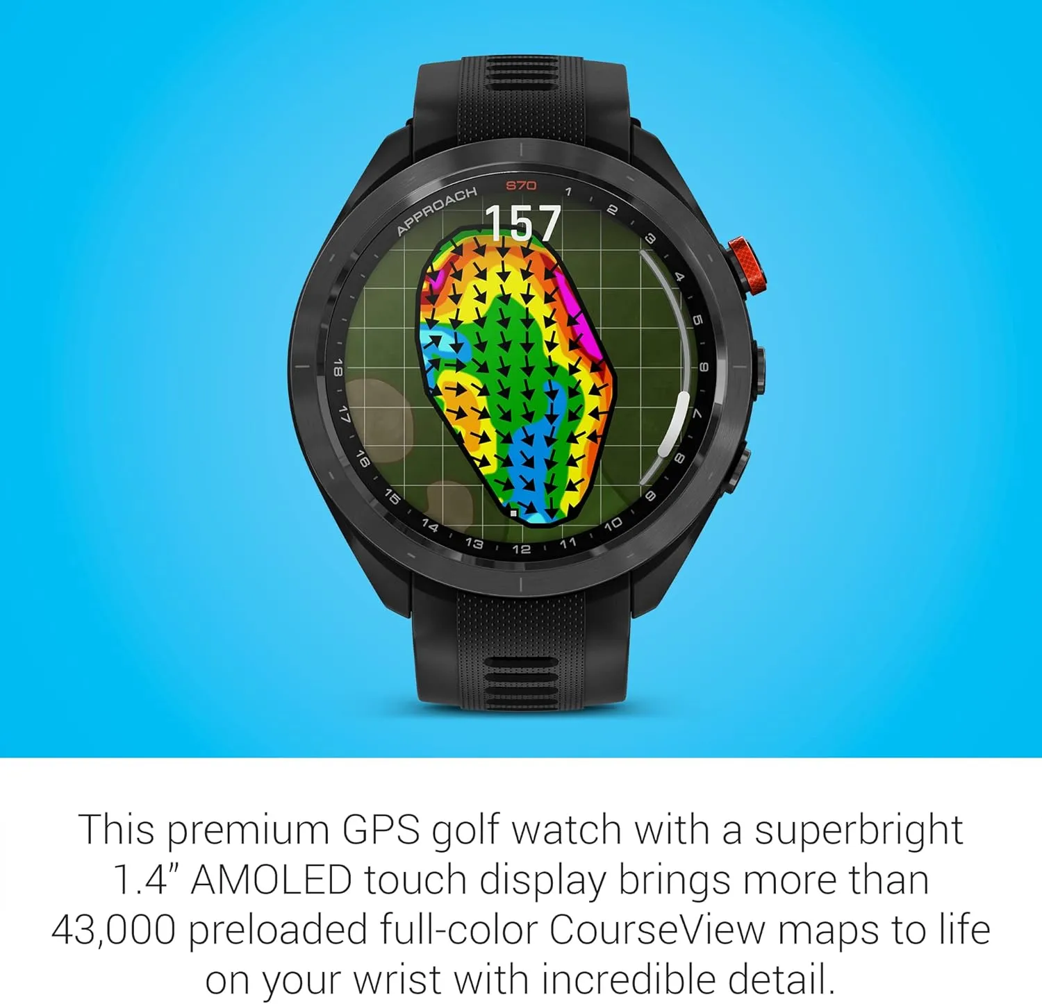 Garmin Approach S70 Golf Smartwatch, Full-Color CourseView Maps AMOLED Display, Advanced Shot Execution & Putt Alignment, Immersive Golfing Experience w/Signature Stand Power Bundle