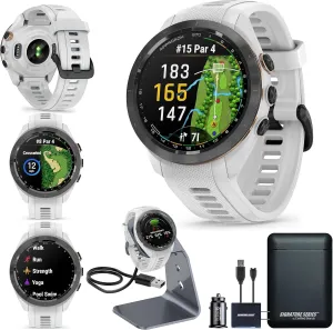 Garmin Approach S70 Golf Smartwatch | Full-Color CourseView Maps AMOLED Display | Advanced Shot Execution & Putt Alignment | Immersive Golfing Experience w/Signature Stand Power Bundle