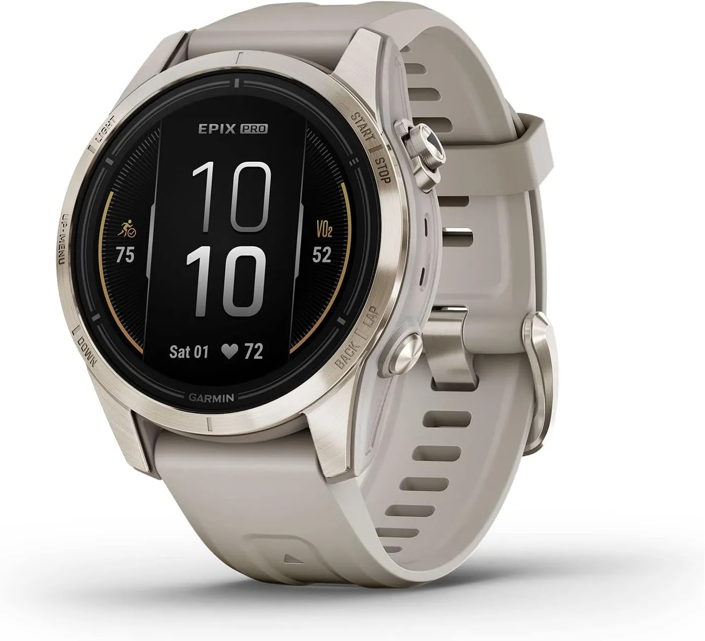 Garmin epix Gen 2 Pro Sapphire Edition, 42mm, Soft Gold/Light Sand | AMOLED Display, High Performance Smartwatch, Advanced Training Technology, Built-in Flashlight with Signature Power Bundle