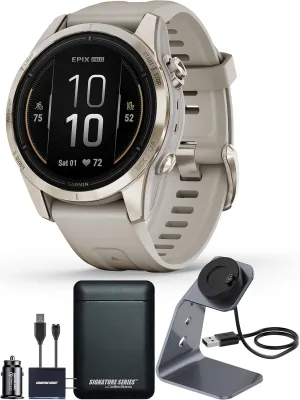 Garmin epix Gen 2 Pro Sapphire Edition, 42mm, Soft Gold/Light Sand | AMOLED Display, High Performance Smartwatch, Advanced Training Technology, Built-in Flashlight with Signature Power Bundle