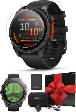 Garmin Fenix 8 AMOLED (47mm, Slate Gray/Black) Multisport GPS Smartwatch Gift Box Bundle - 1.4" Touchscreen, Built-in LED Flashlight with PlayBetter Charger, Screens, Adapter, Case