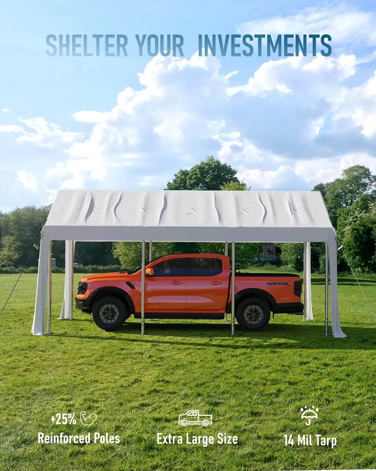 GarveeLife 20'x 10'x 11' Windproof Carport Top Replacement Cover Grey Heavy-Duty Garage Top Tent Shelter Tarp Waterproof & UV Protected (Top Cover ONLY, Frame Not Included) White