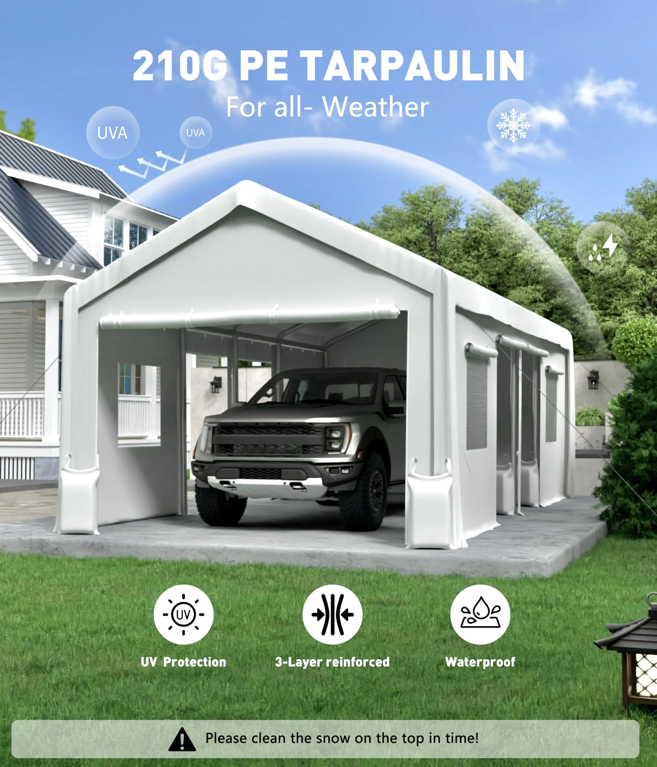 GarveeLife 20'x 10'x 11' Windproof Carport Top Replacement Cover Grey Heavy-Duty Garage Top Tent Shelter Tarp Waterproof & UV Protected (Top Cover ONLY, Frame Not Included) White