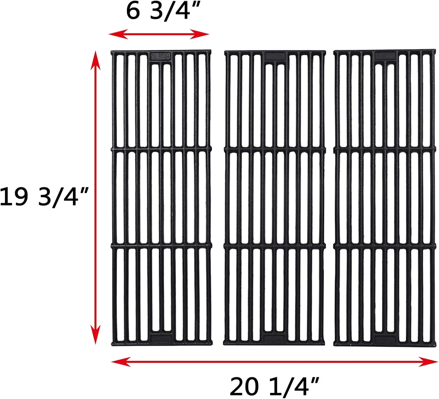 GGC Grill Grates Replacement for Chargriller 3001, 5050, 3008, 3030, 3725, 4000, 5252, King Griller 3008, 5252 and Others, 3 PCS Cast Iron Cooking Grid Grates(19 3/4" x 6 3/4" Each)