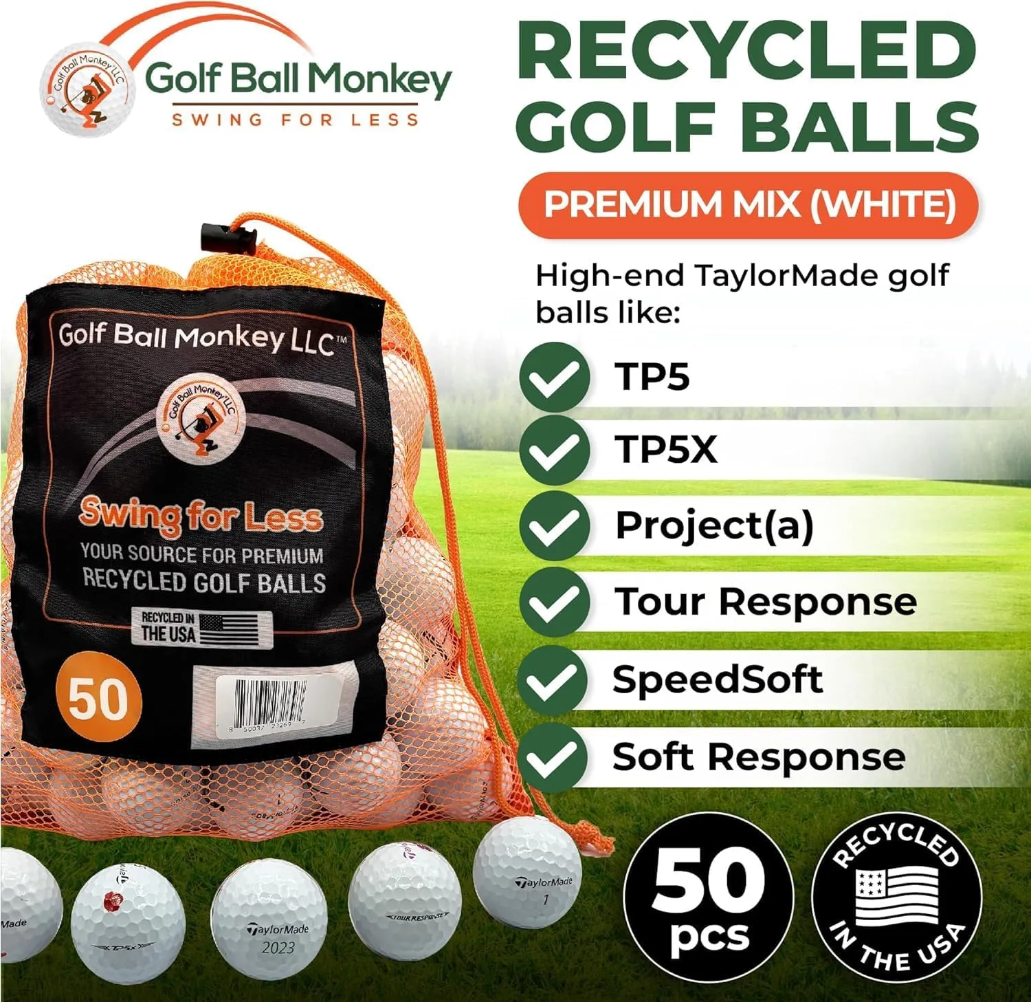 Golf Ball Monkey Cheap Recycled Balls for Taylormade Golf Balls White Mix- TP5, TP5X, Project A, Tour Response, Distance Plus, RBZ & More w/ 15 Tees & Mesh Bag