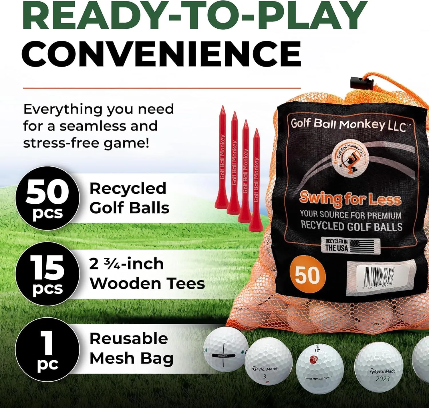 Golf Ball Monkey Cheap Recycled Balls for Taylormade Golf Balls White Mix- TP5, TP5X, Project A, Tour Response, Distance Plus, RBZ & More w/ 15 Tees & Mesh Bag