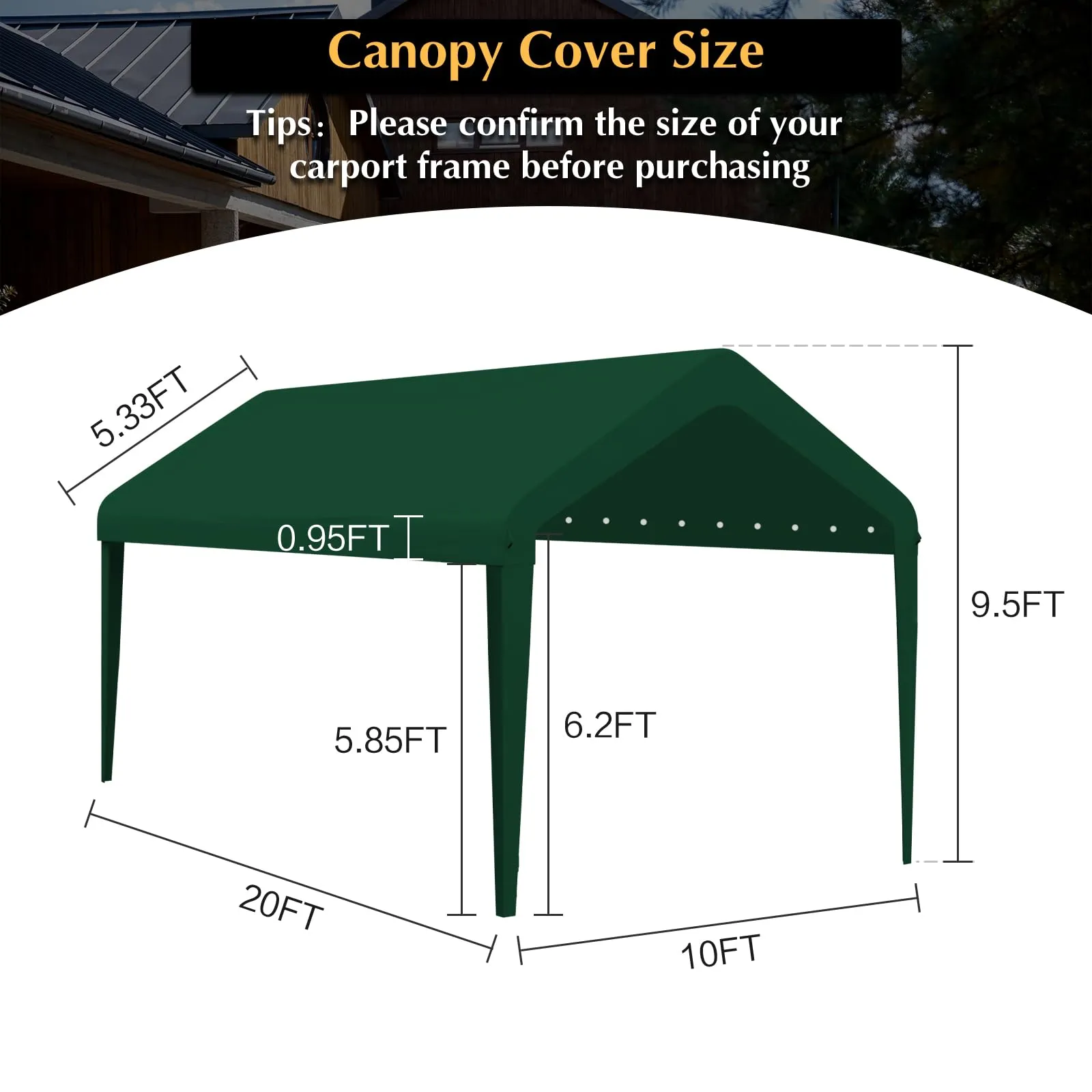 GOTRUTH 10x20 Canopy Replacement Cover, Carport Replacement Canopy Top Cover for 10' x 20' Frame, 800D Heavy Duty Waterproof & UV Protected Car Canopy with Ball Bungees (Frame is not Included) (Green)
