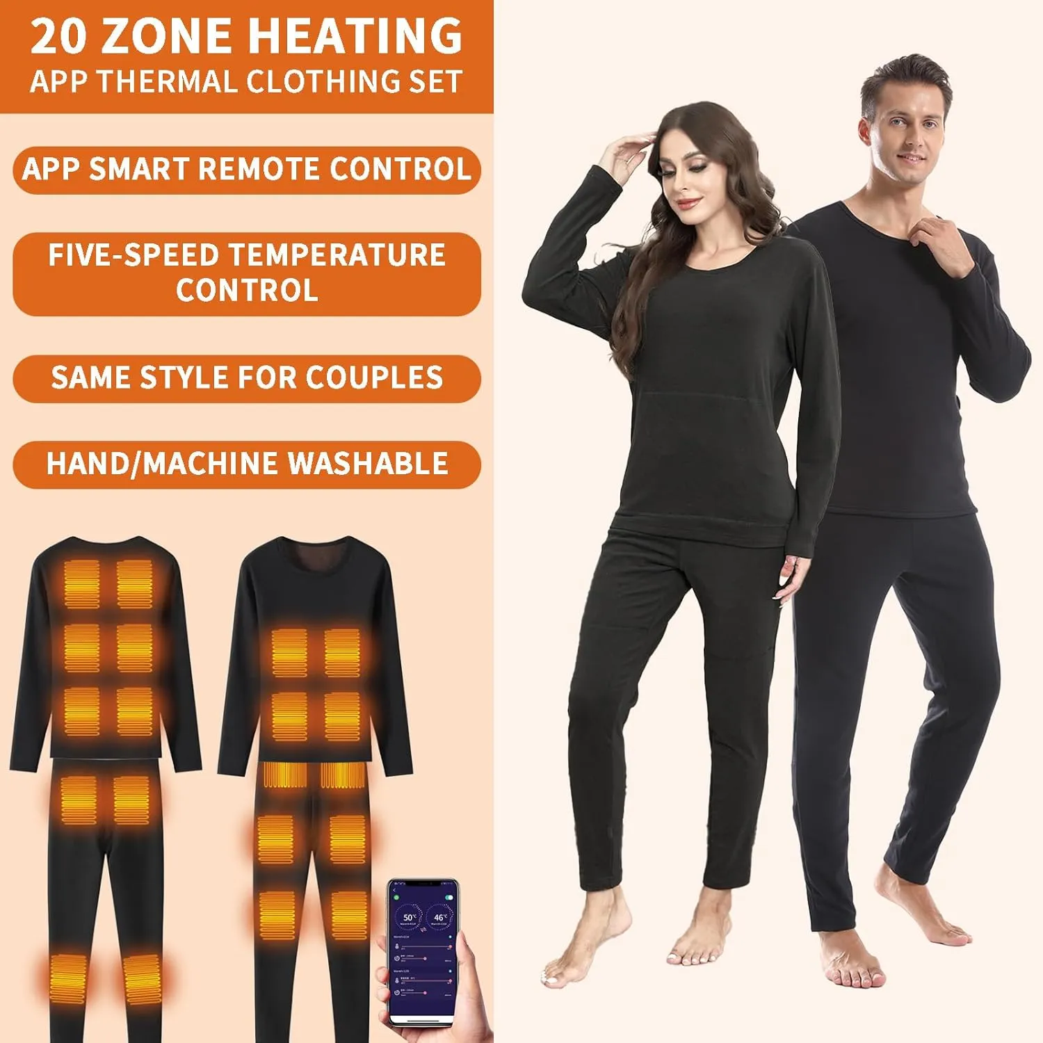 Graphene Heated Thermal Underwear Set 20 Heating Zones, Soft Fleece Lined, APP Control, USB Electric Heated Base Layer