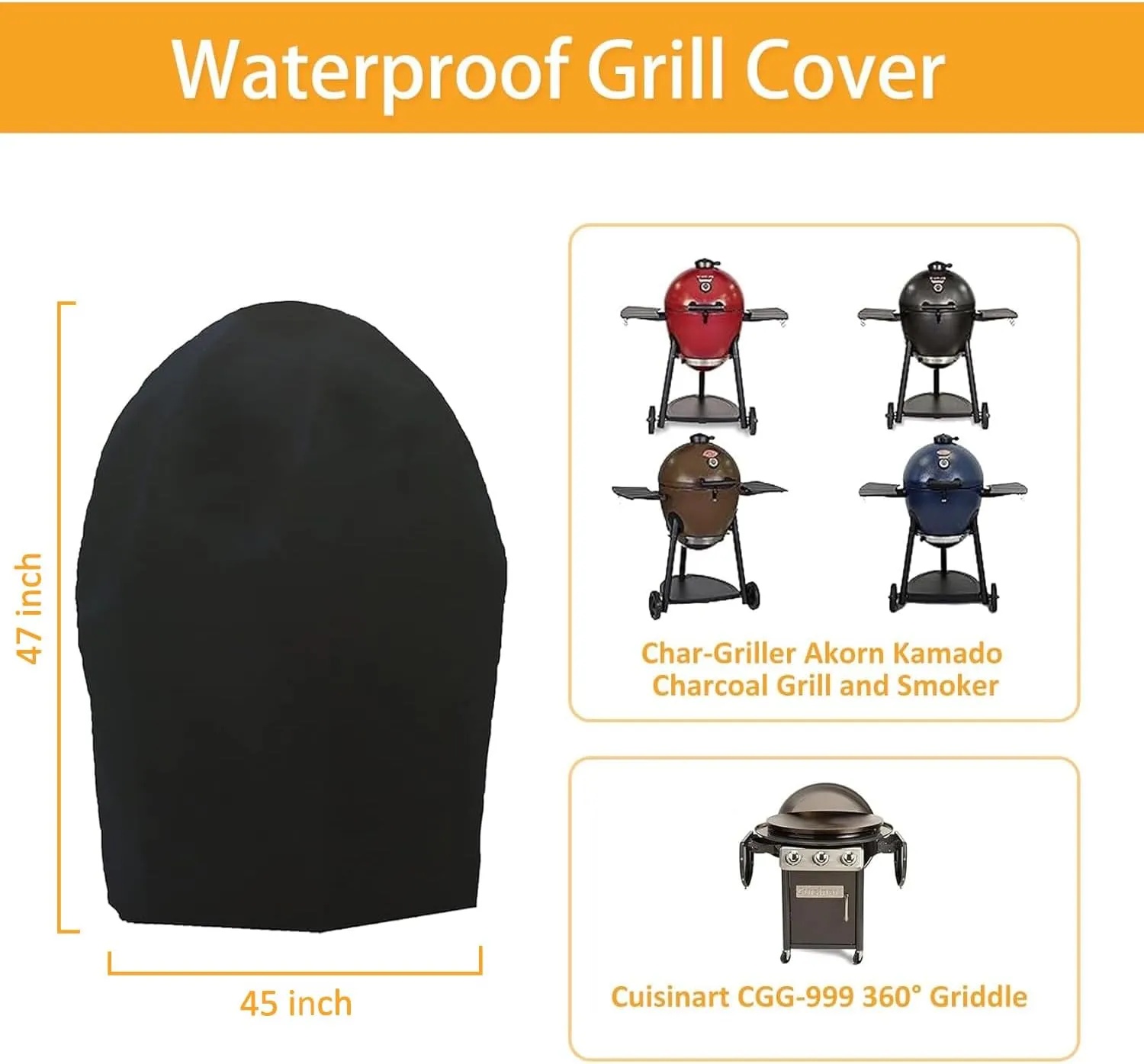 Grill Cover for 6755 Char-Griller Akorn Kamado Charcoal Grill Smoker and Premium Kettle, for Cuisinart CGG-999, 600D Heavy Duty Waterproof UV Resistant Cover, Outdoor Barbeque Grill Accessories