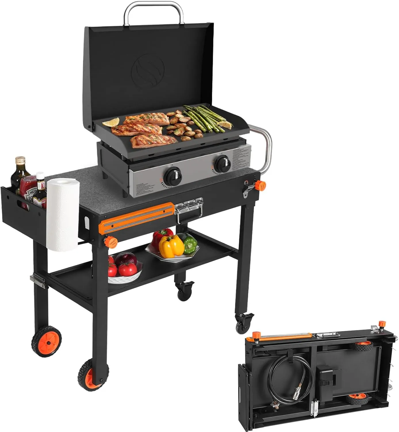 Grill Table Stand Cart for Blackstone Griddle - Universal Foldable Design Fits 17-22 Inch Grills and 12" Pizza Ovens, 20s Setup, 4 Wheels, Magnetic Strip etc (Camping, Backyard Cooking Accessories)