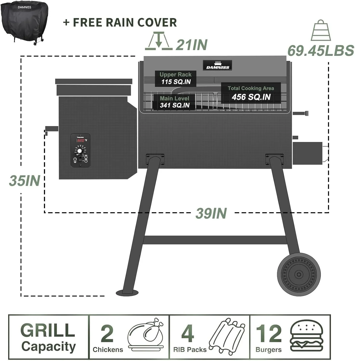 Grills DAPG-03 Electric Wood Pellet Smoker Grill, 456 SQ.IN Cook Area Pellet Grill with Auto Feed & PID Temperature Control (180-450°F), 8 in 1 BBQ Grill for Backyard Outdoor