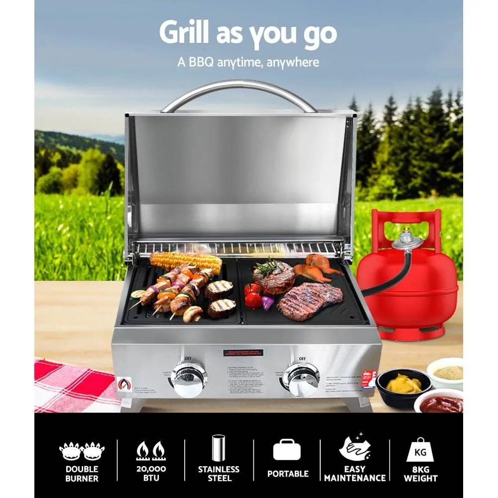 Grillz Portable Gas BBQ Grill 2 Burners with 2 Plates