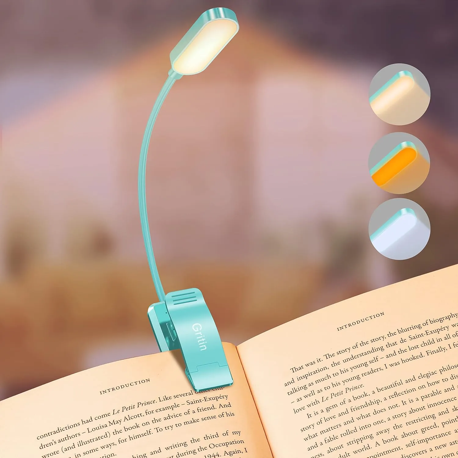 Gritin 16 LED Rechargeable Book Light for Reading in Bed- Eye Caring 3 Color Temperatures, Stepless Dimming Brightness, 80 Hrs Runtime, Lightweight Flexible Clip on Light for Book Lovers-Blue