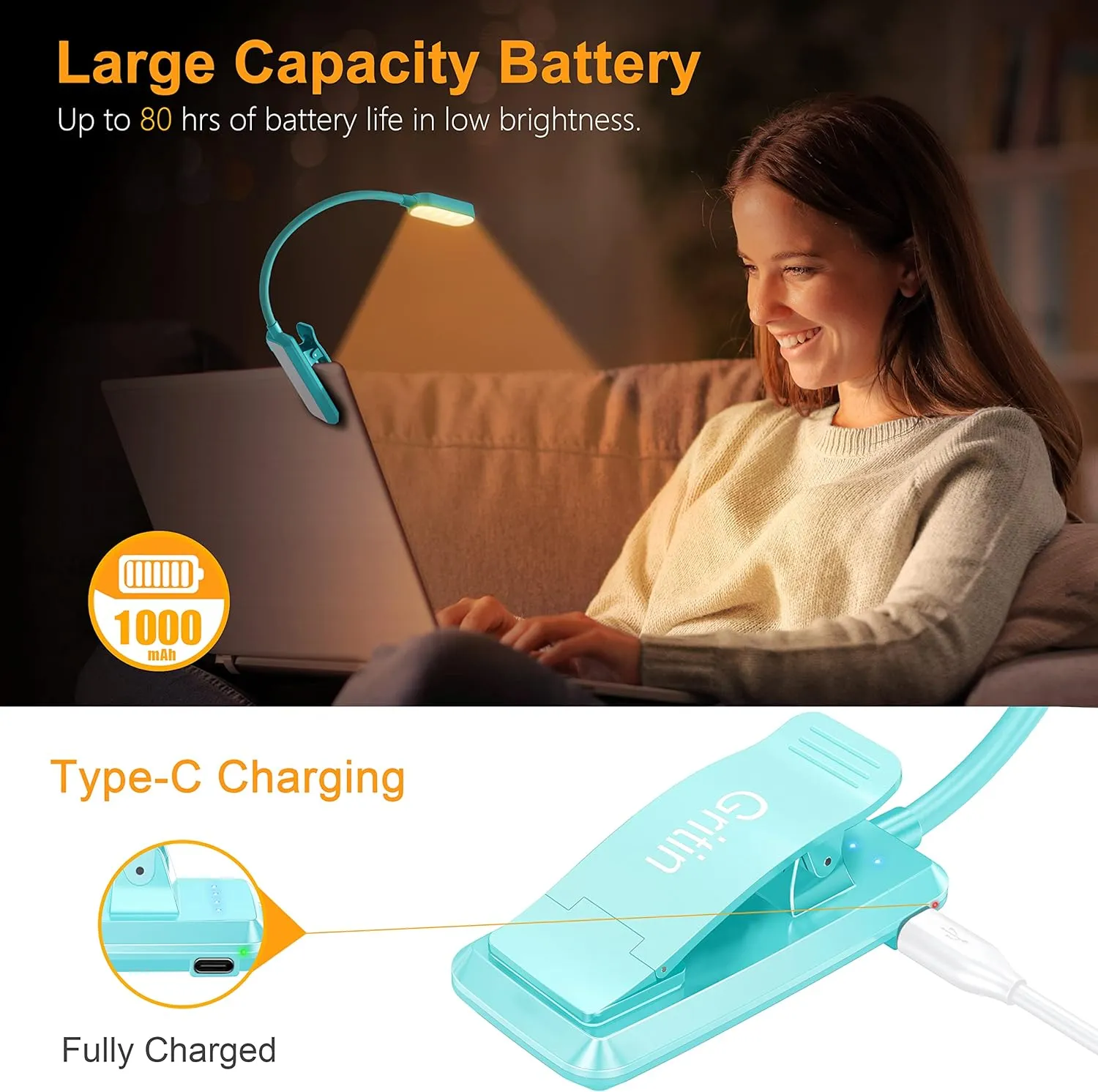 Gritin 16 LED Rechargeable Book Light for Reading in Bed- Eye Caring 3 Color Temperatures, Stepless Dimming Brightness, 80 Hrs Runtime, Lightweight Flexible Clip on Light for Book Lovers-Blue