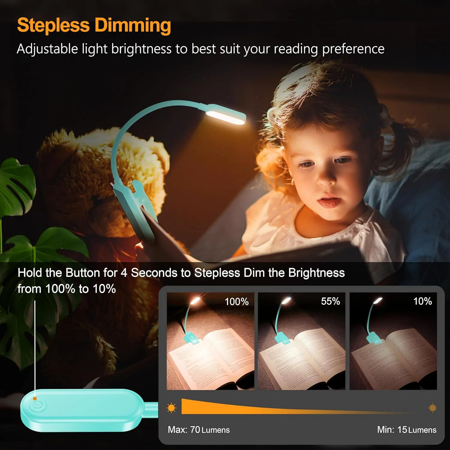Gritin 16 LED Rechargeable Book Light for Reading in Bed- Eye Caring 3 Color Temperatures, Stepless Dimming Brightness, 80 Hrs Runtime, Lightweight Flexible Clip on Light for Book Lovers-Blue