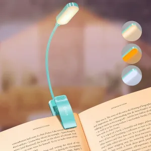 Gritin 16 LED Rechargeable Book Light for Reading in Bed- Eye Caring 3 Color Temperatures, Stepless Dimming Brightness, 80 Hrs Runtime, Lightweight Flexible Clip on Light for Book Lovers-Blue
